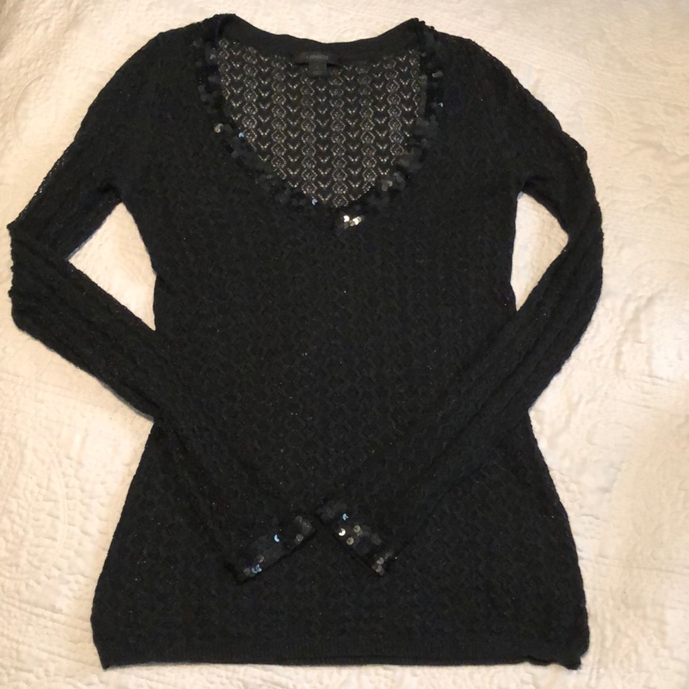 Express Black V-neck Pointelle Sweater with Sequined Trim, M